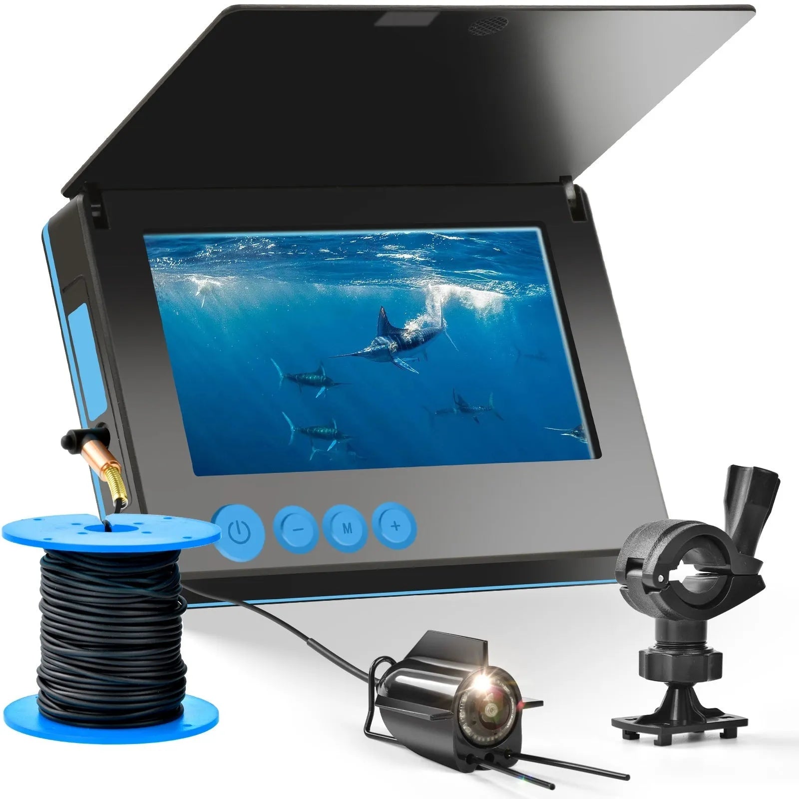 Fish finder underwater camera system with 4.3-inch display screen, camera unit, and cable on a blue background.
