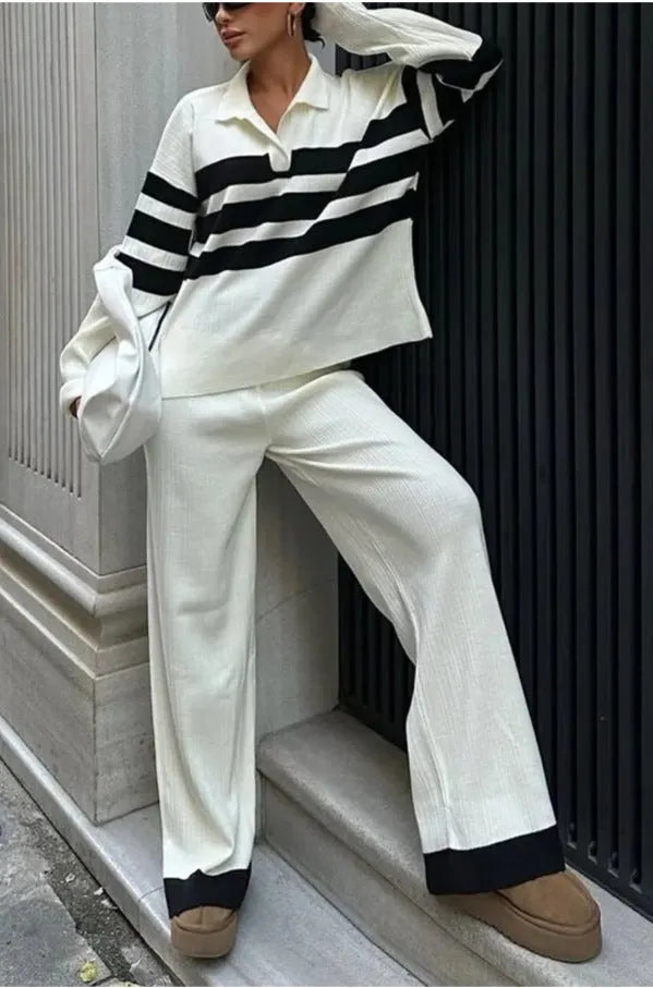 Women's black and white striped polo collar knitted top with matching long trousers casual two-piece set