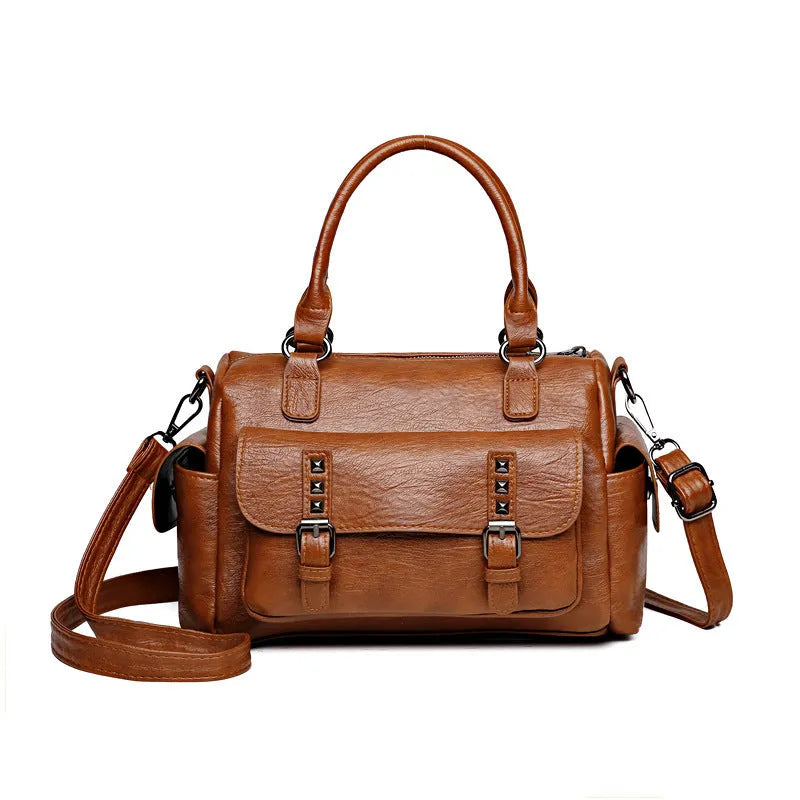 Vintage PU messenger bag with horizontal square shape and contrast stitching in multiple colour options
