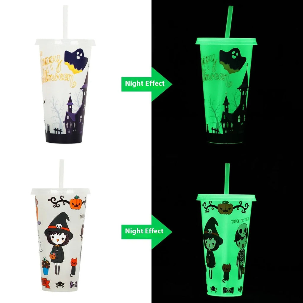 720ml plastic sippy cup with luminous Halloween straw in cylindrical shape