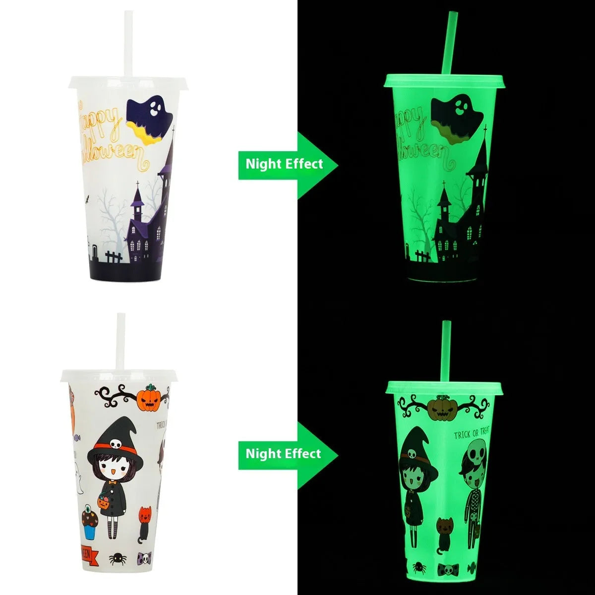 720ml plastic sippy cup with luminous Halloween straw in cylindrical shape