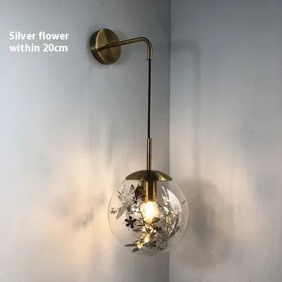 Modern glass bedside wall lamp in Golden Flower finish with LED lighting, 20cm size