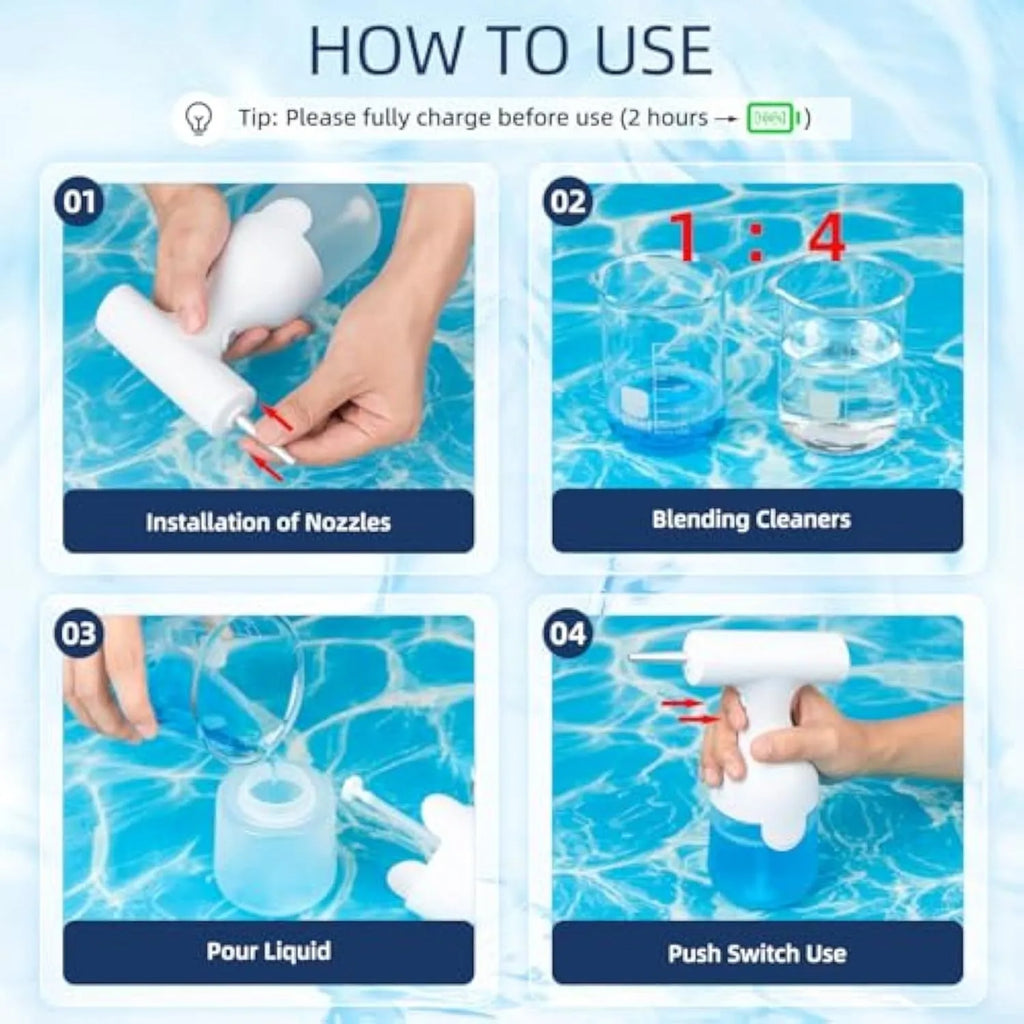 White electric foam soap dispenser with USB charging cable for pet bathing and household cleaning