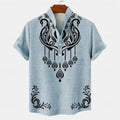 Men's striped casual linen shirt with personalised buttons on a hanger, shown in a loose fit.