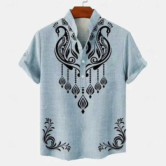 Men's striped casual linen shirt with personalised buttons on a hanger, shown in a loose fit.