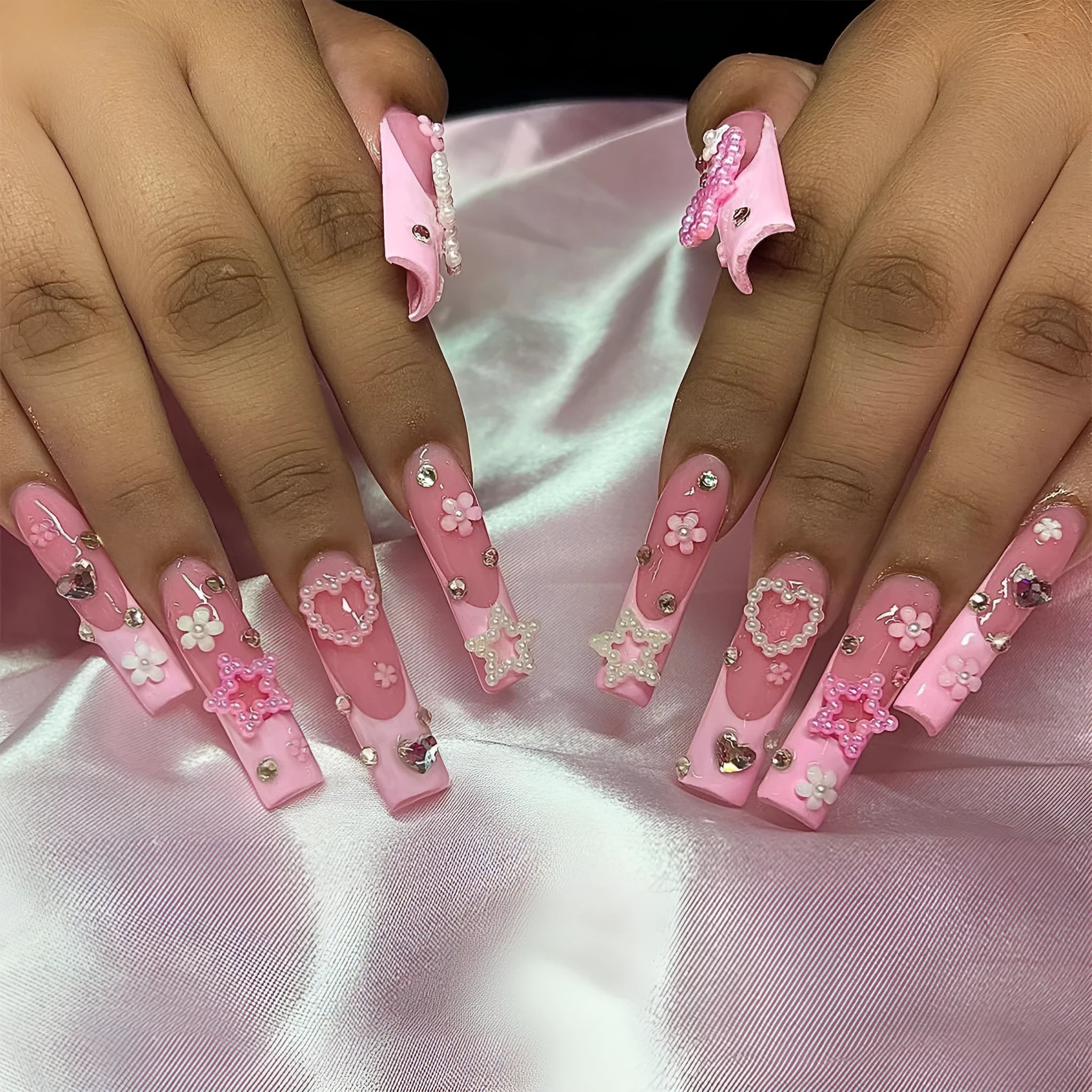 Super long water pipe French manicure nail stickers with spot drill bows and love pattern design