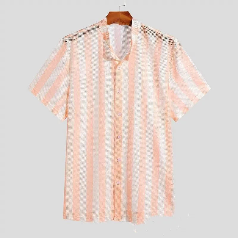 Men's pink waffle texture summer shirt in loose fit cardigan style