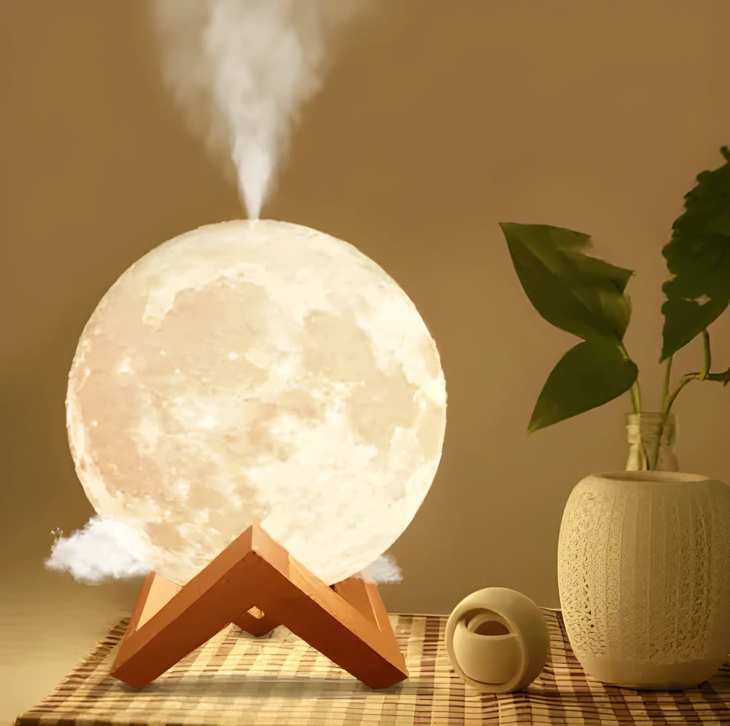 Spherical lunar humidifier night light with white LED lighting and USB charging cable