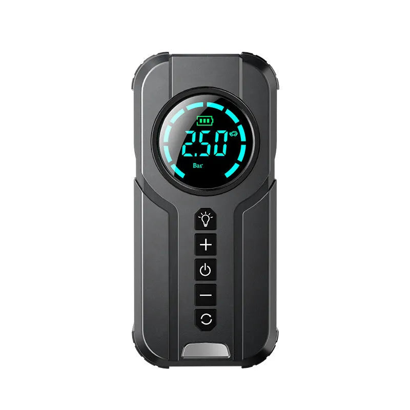 Portable wireless car tyre air pump with battery, 12V cable, four nozzle adapters, and carry bag on a grey background