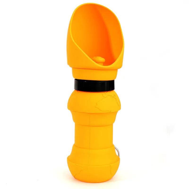 Silicone folding pet water cup shown unfolded and collapsed, in colours including black, mint green, and green pineapple pattern.