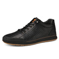 Men's white and black leather casual shoes with flat heel and round toe in multiple seasonal variations