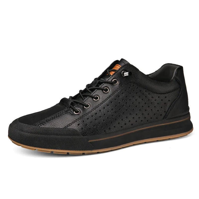 Men's white and black leather casual shoes with flat heel and round toe in multiple seasonal variations