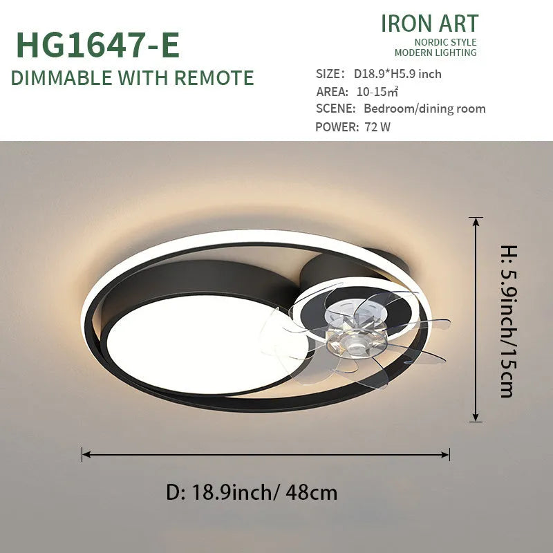 Nordic style ceiling fan light with integrated lamp and metal blades in black or gold finish.