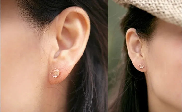 Women's Korean style drop-shaped stud earrings with synthetic Ross quartz stones in rose gold plating