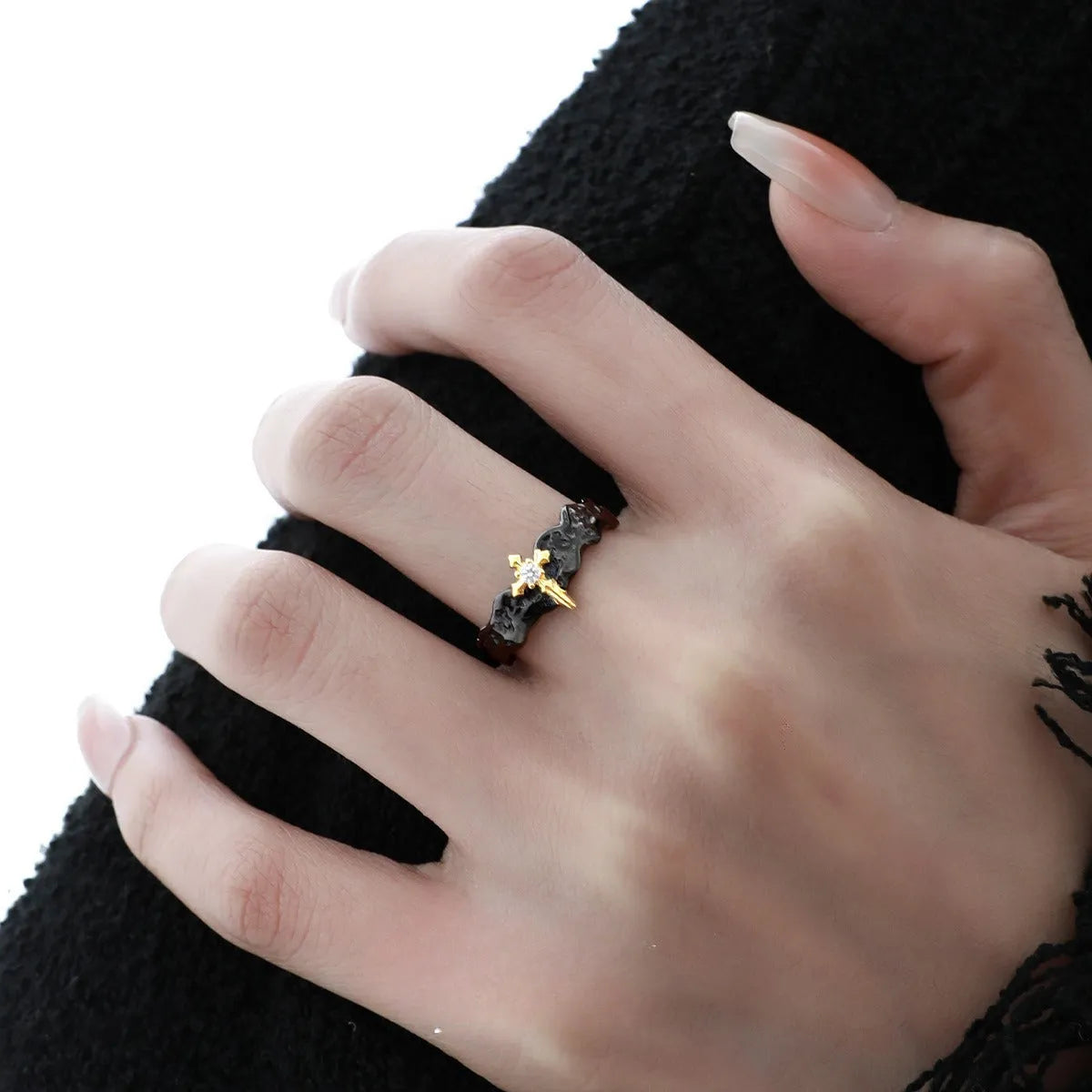 Princess Knight adjustable silver ring with white gold or black gold electroplated finish.