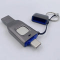 Black encrypted USB flash drive with fingerprint sensor showing USB 3.0 and USB-C connectors