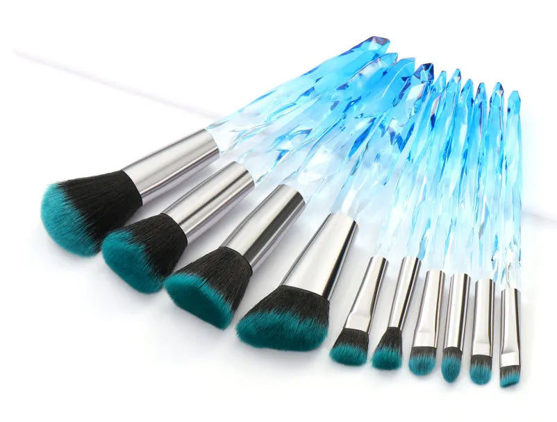 Ten clear crystal diamond-handle foundation brushes with synthetic bristles in four colour options