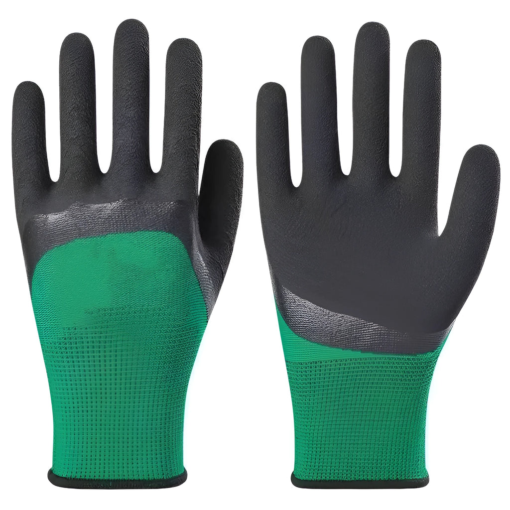 A pair of black and green rubber work gloves with a textured, non-slip surface.