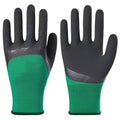 A pair of black and green rubber work gloves with a textured, non-slip surface.