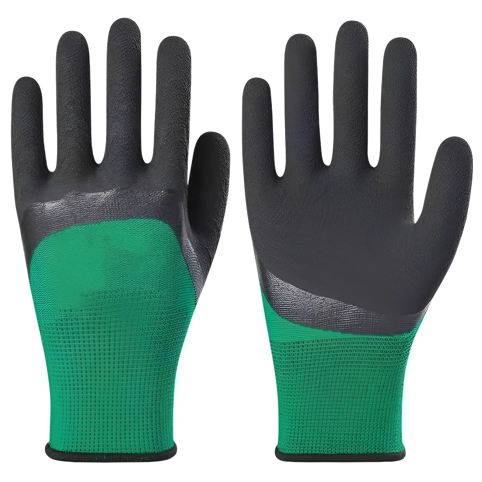 A pair of black and green rubber work gloves with a textured, non-slip surface.