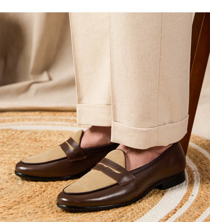 Coffee grey suede loafers with high-gloss finish and slip-on design