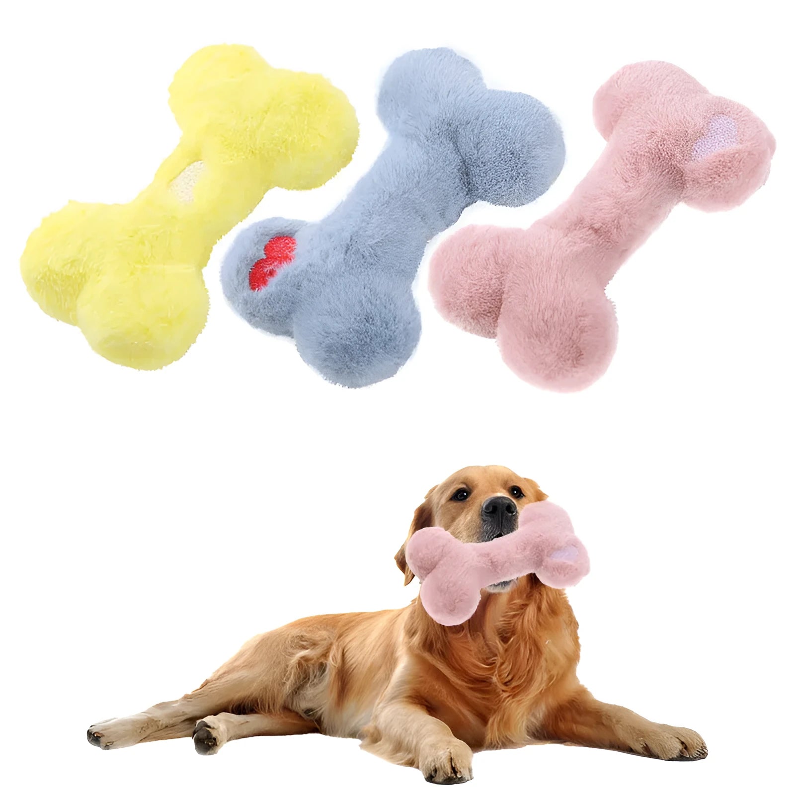 Blue Love Bone shaped plush dog toy with bite resistant texture and internal squeaker.