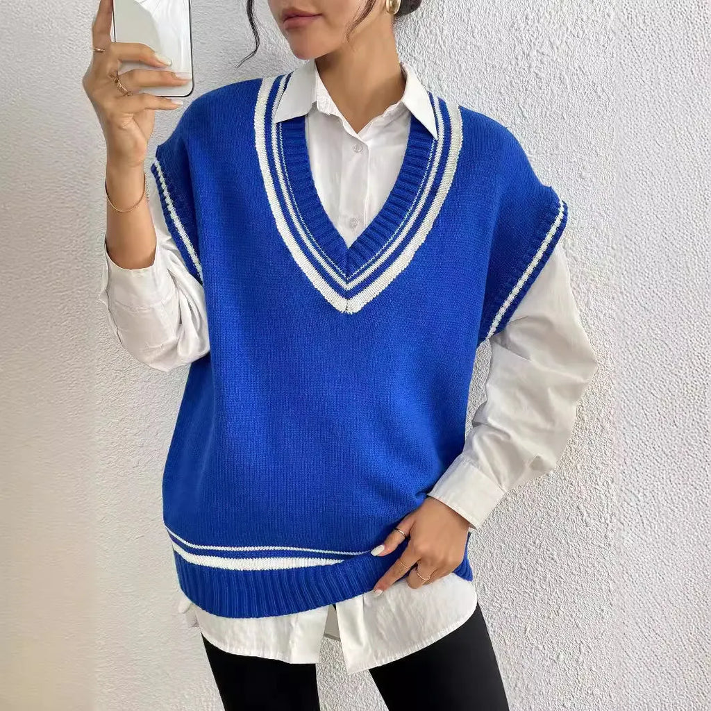 Women's college style wool vest sweater in acrylic blend fabric, loose fit, black blue coffee colour options