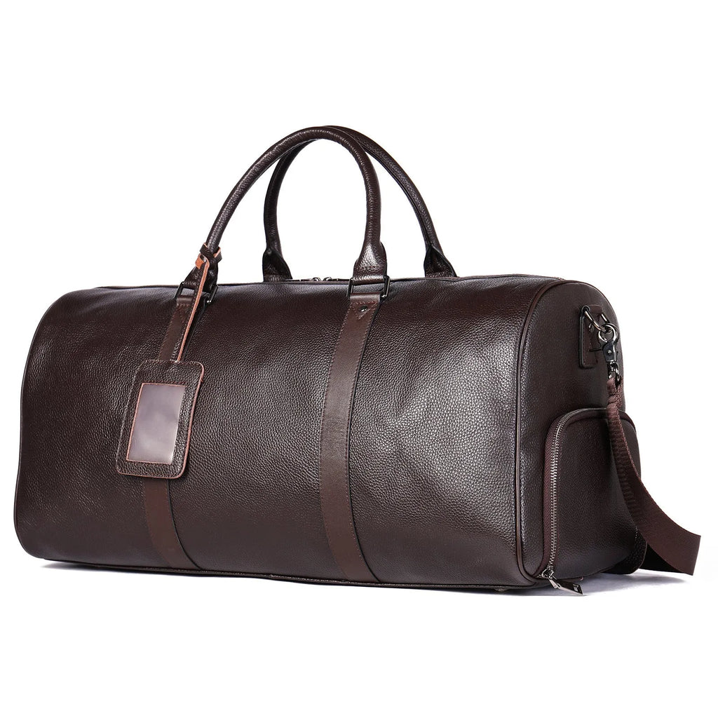 Men's black leather tote bag with single shoulder strap shown next to coffee colour option
