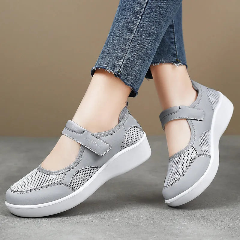 Women's low-top grey mesh casual shoes with velcro strap and round toe