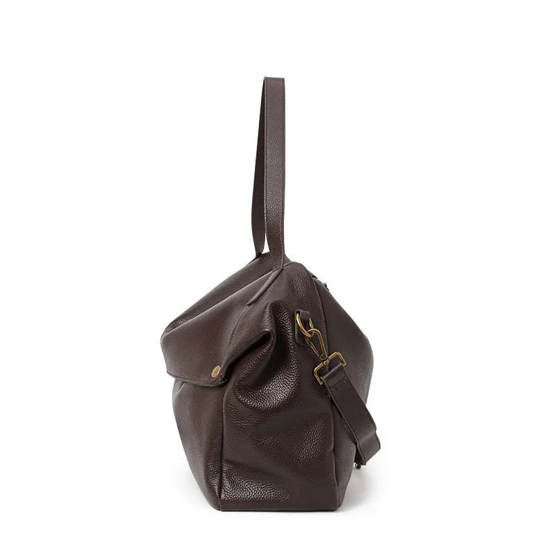 Brown genuine leather women's commuter shoulder bag with square shape and shoulder strap