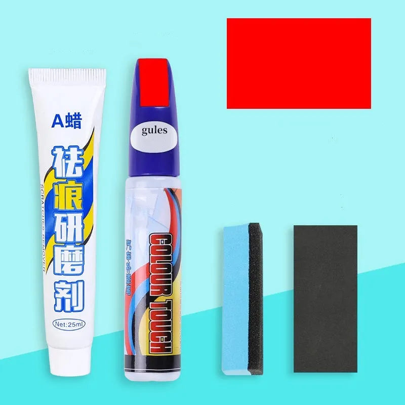 Automotive scratch repair kit with paint pen, wax tube, sponge, and sandpaper for DIY car paint touch-up.