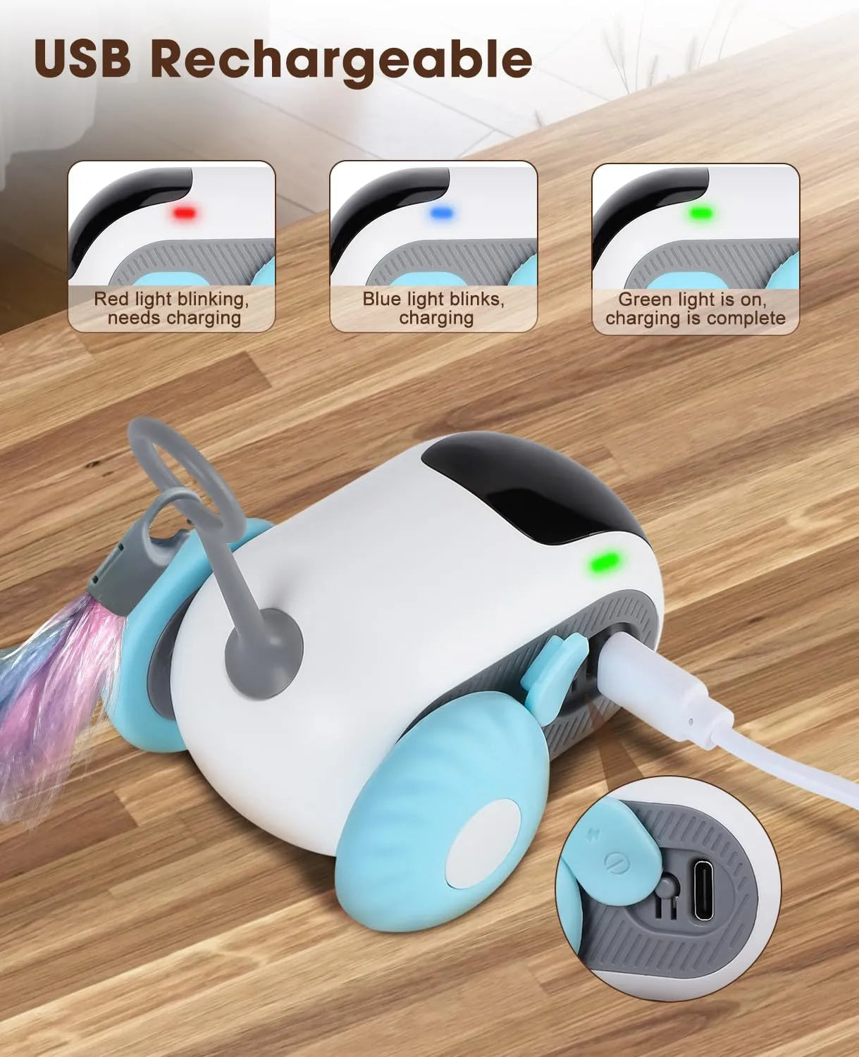Blue and orange smart cat toy car with remote control and feather teaser attachment