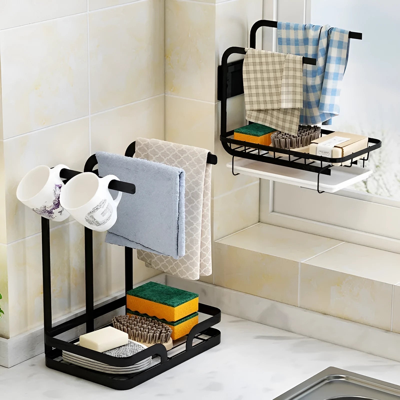 Foldable plastic kitchen rack for rag draining with wall mount and desktop placement options
