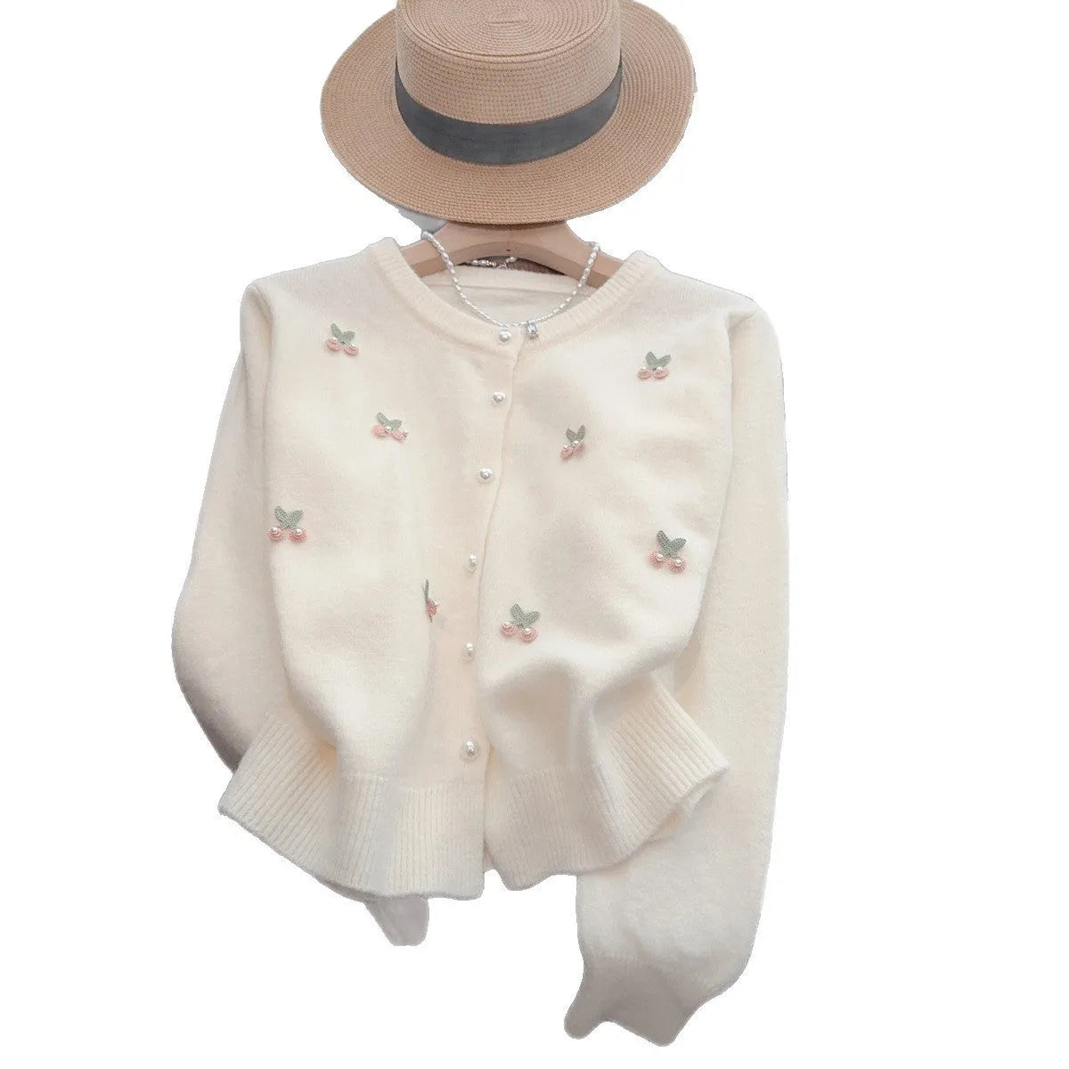 Women's cashmere French sweet cardigan sweater coat with beaded elements in slim fit design