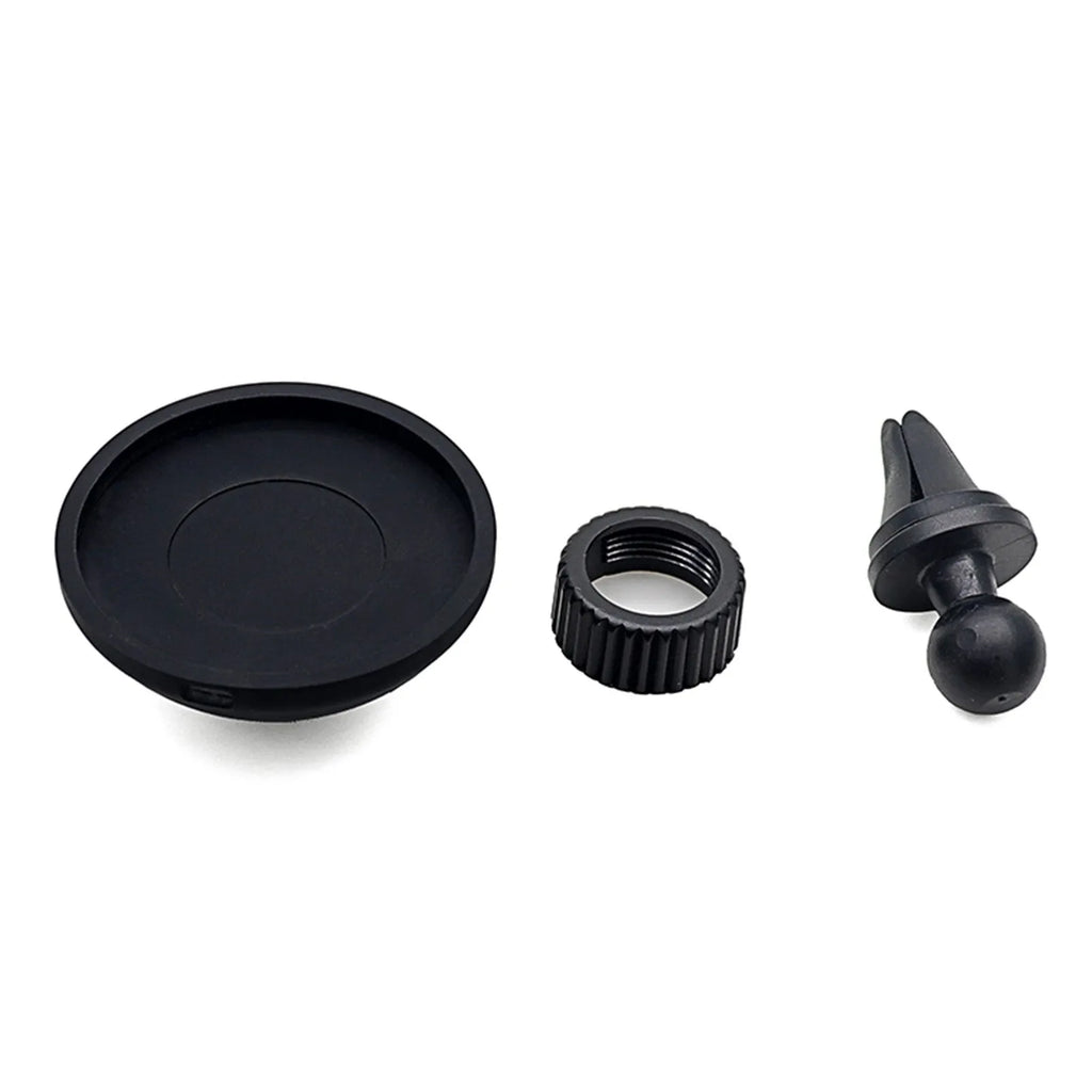 Black plastic magnetic car phone holder with snap-in design for dashboard or air vent mounting