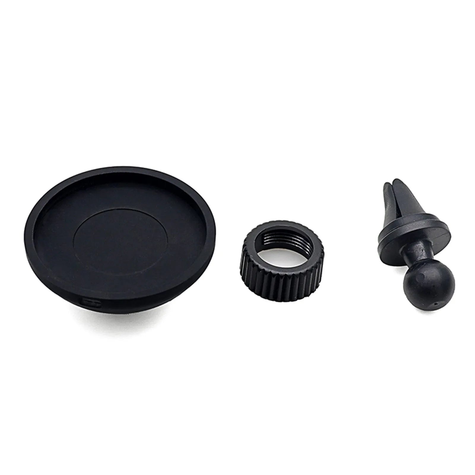 Black plastic magnetic car phone holder with snap-in design for dashboard or air vent mounting