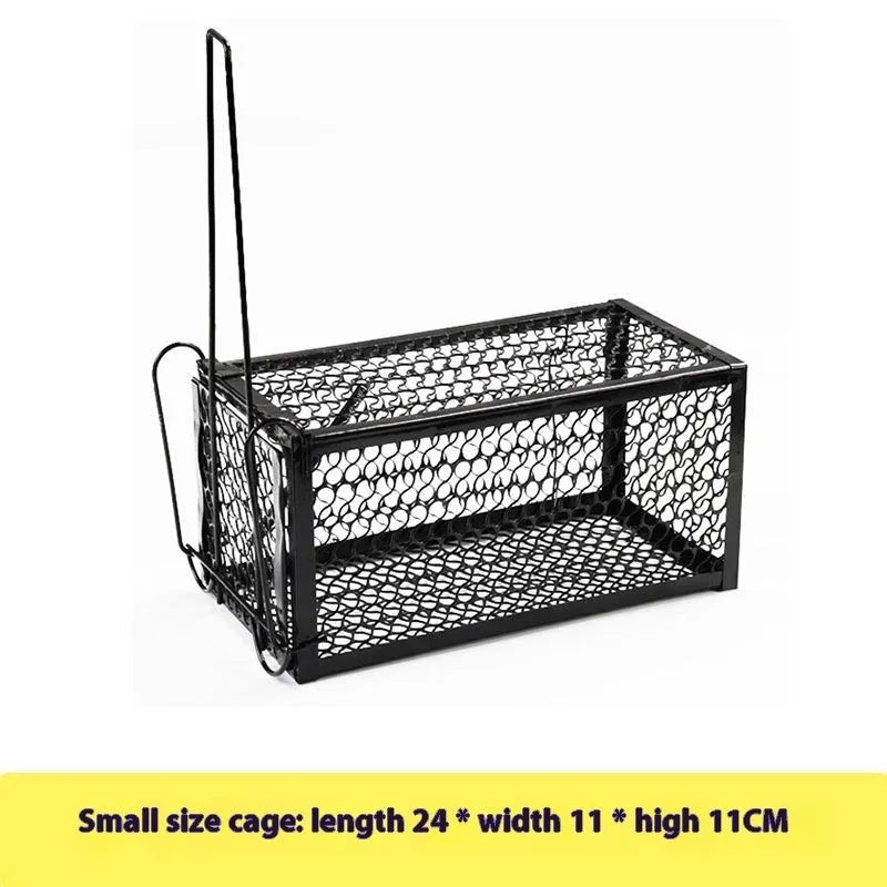 Automatic mouse trap cage with metal spring mechanism and plastic housing in multiple sizes for indoor rodent control