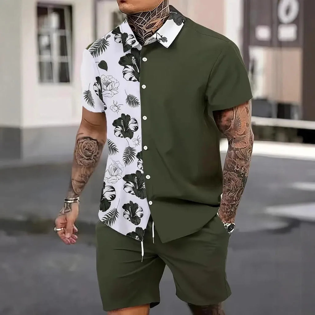 Men's colourful Hawaii print short sleeve shirt and matching shorts casual suit set.