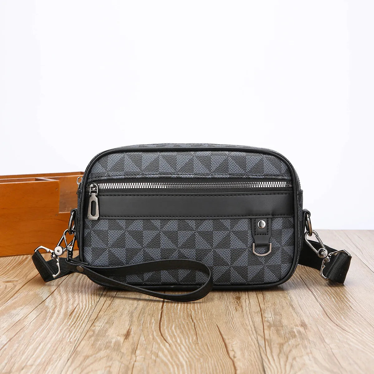Men's geometric pattern PU messenger bag in horizontal handheld design with crossbody strap