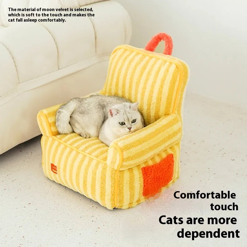 Striped soft velvet pet bed with removable cover in yellow, orange, and purple colour options.