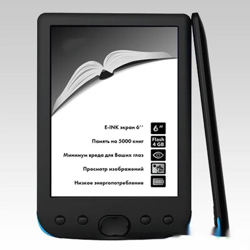 Black 6-inch E-ink e-book reader with anti-glare screen on a table.