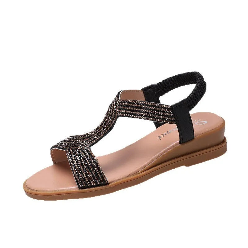 Women's patent leather beach sandals with rhinestone detailing in gold colour option