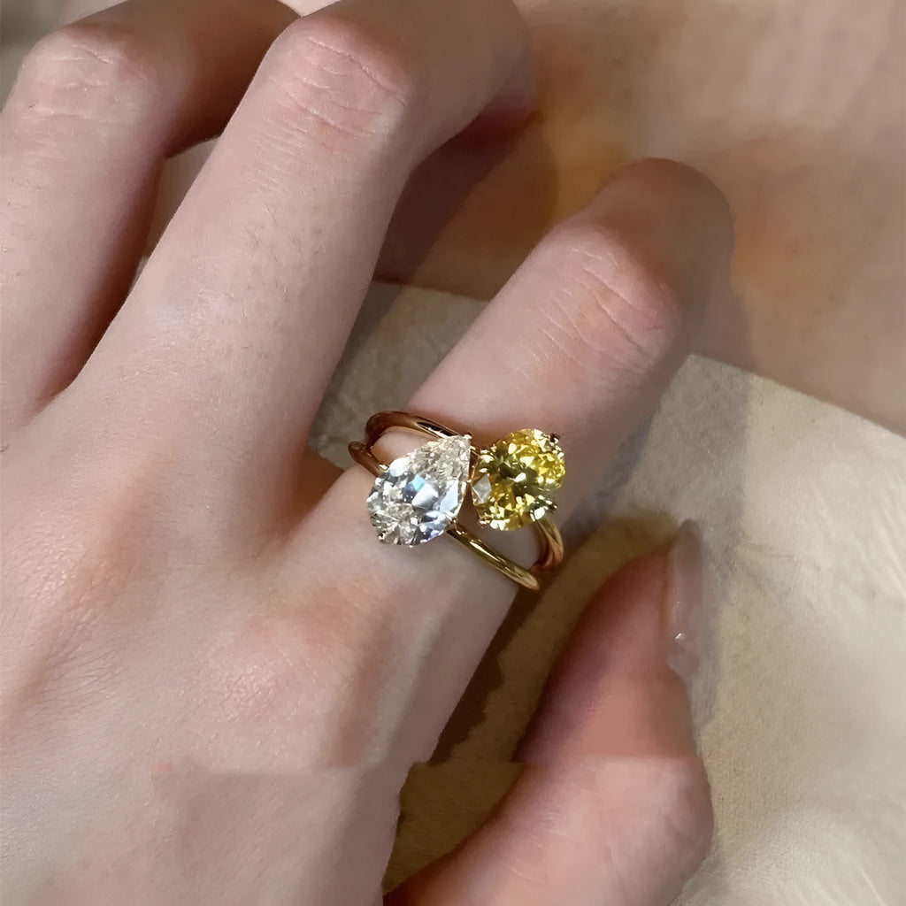 Women's geometric water drop open ring with zircon stone on copper base