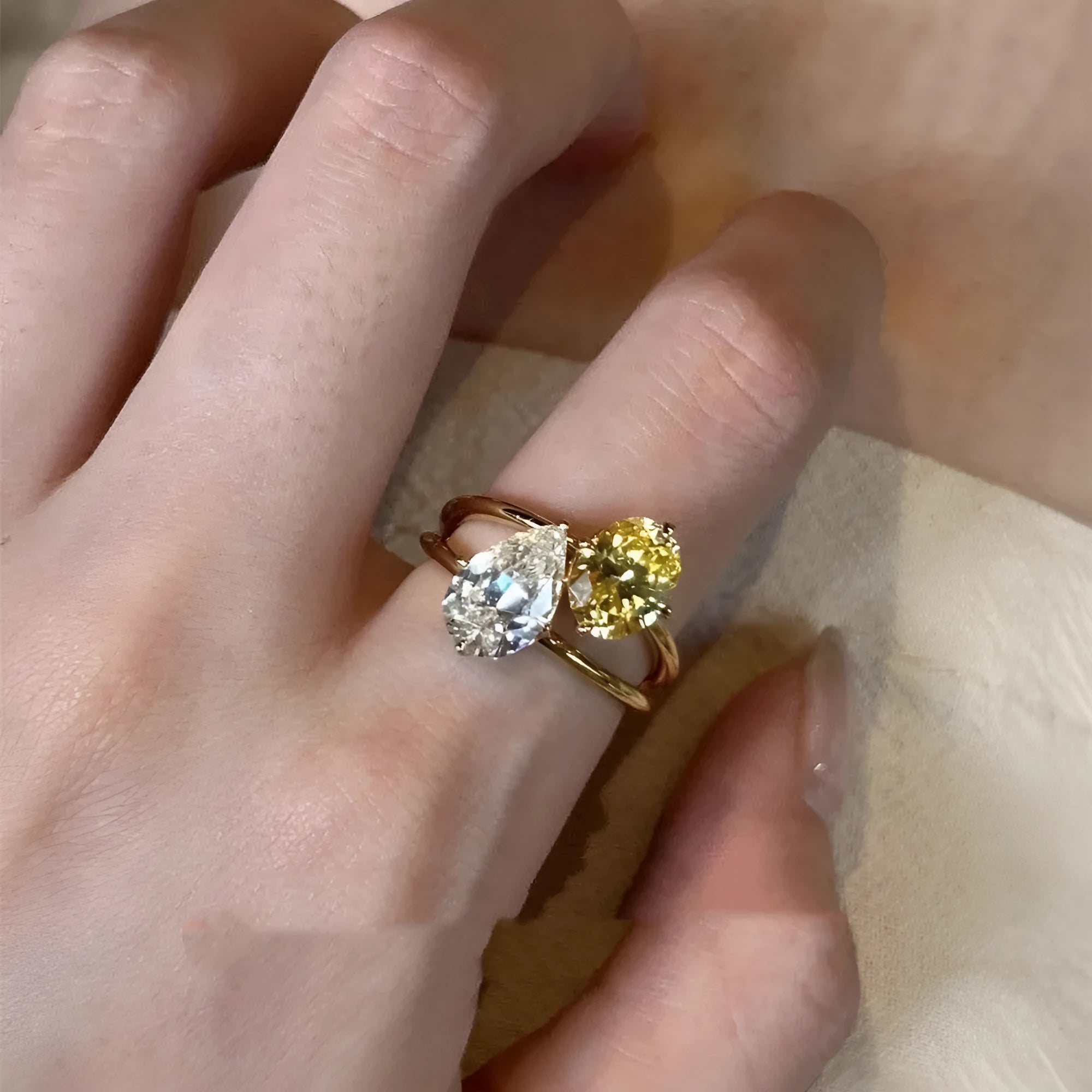 Women's geometric water drop open ring with zircon stone on copper base