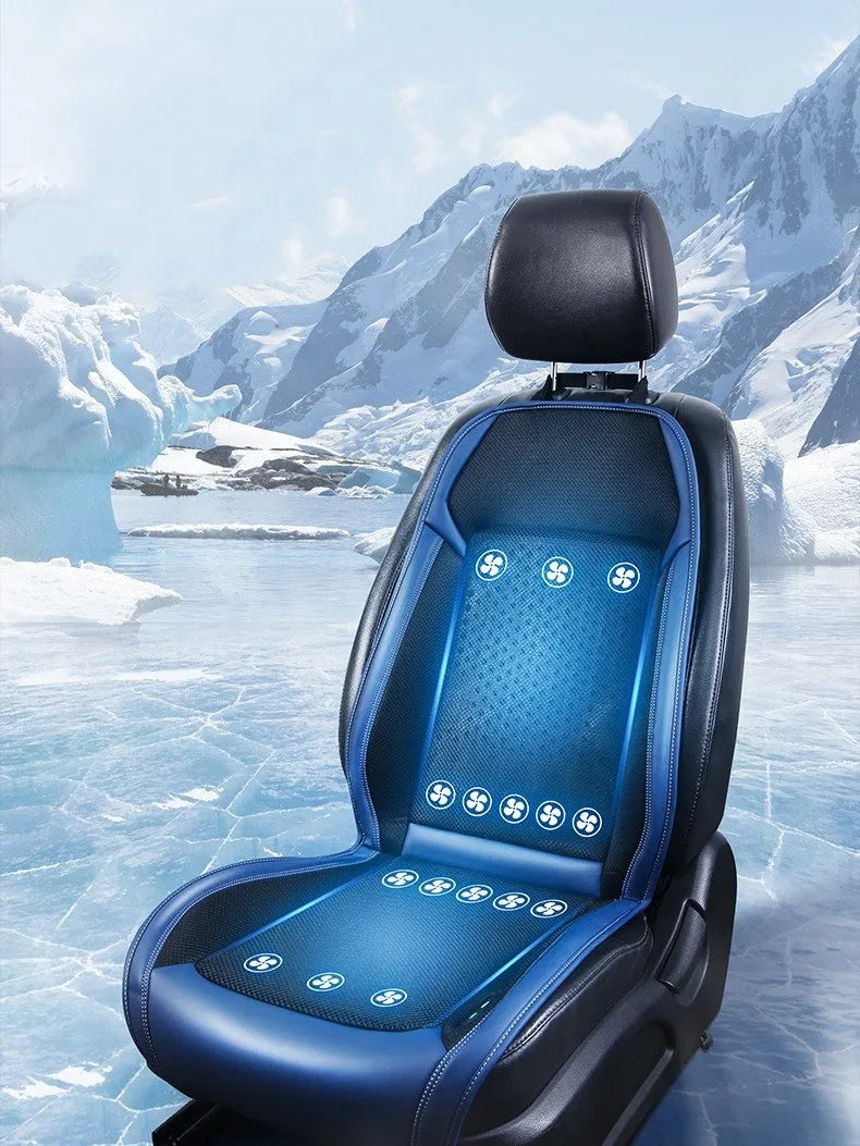 Black car seat cooling pad with minimalist design showing USB power connection