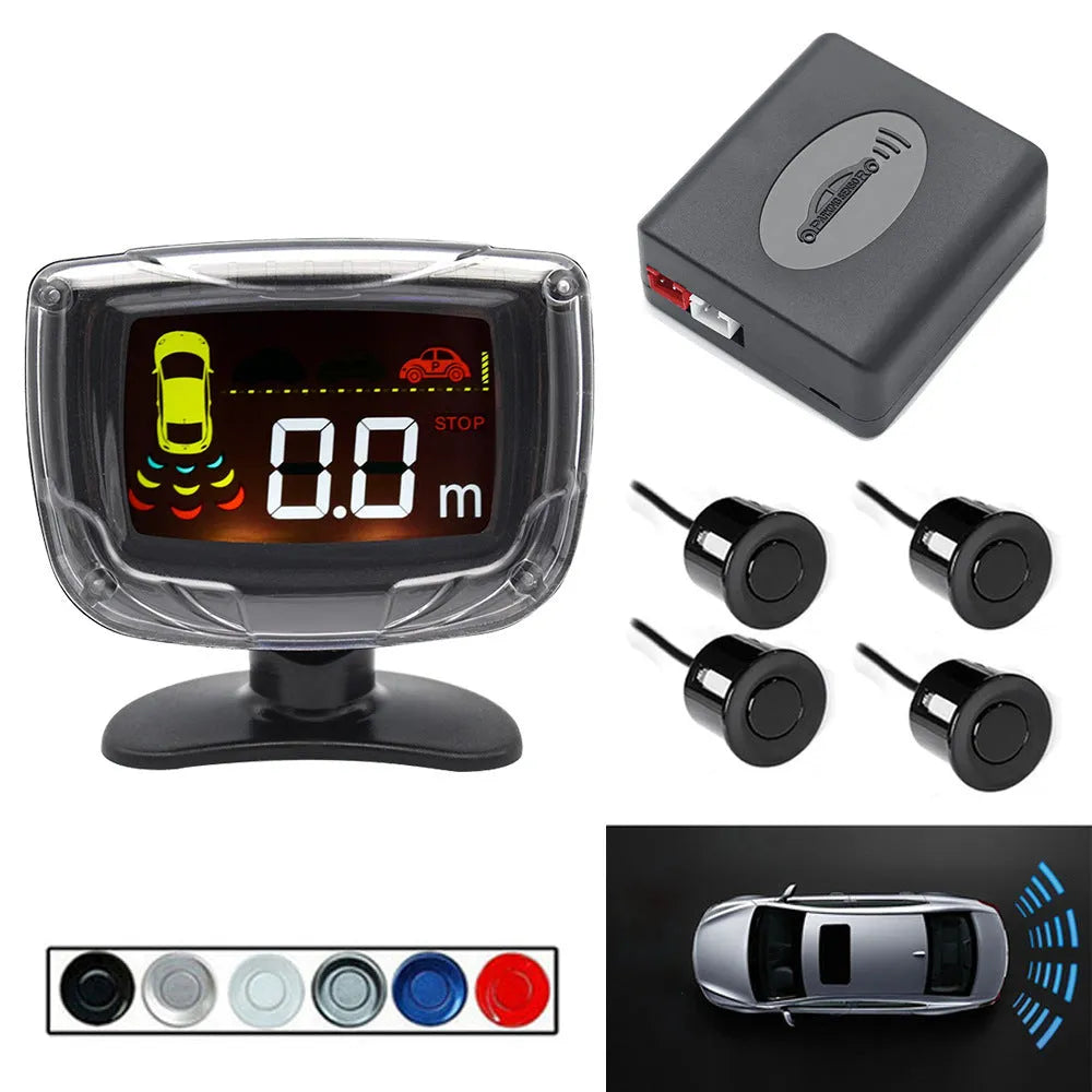 Wireless reversing sensor system with main unit, four probes, digital display, and installation accessories