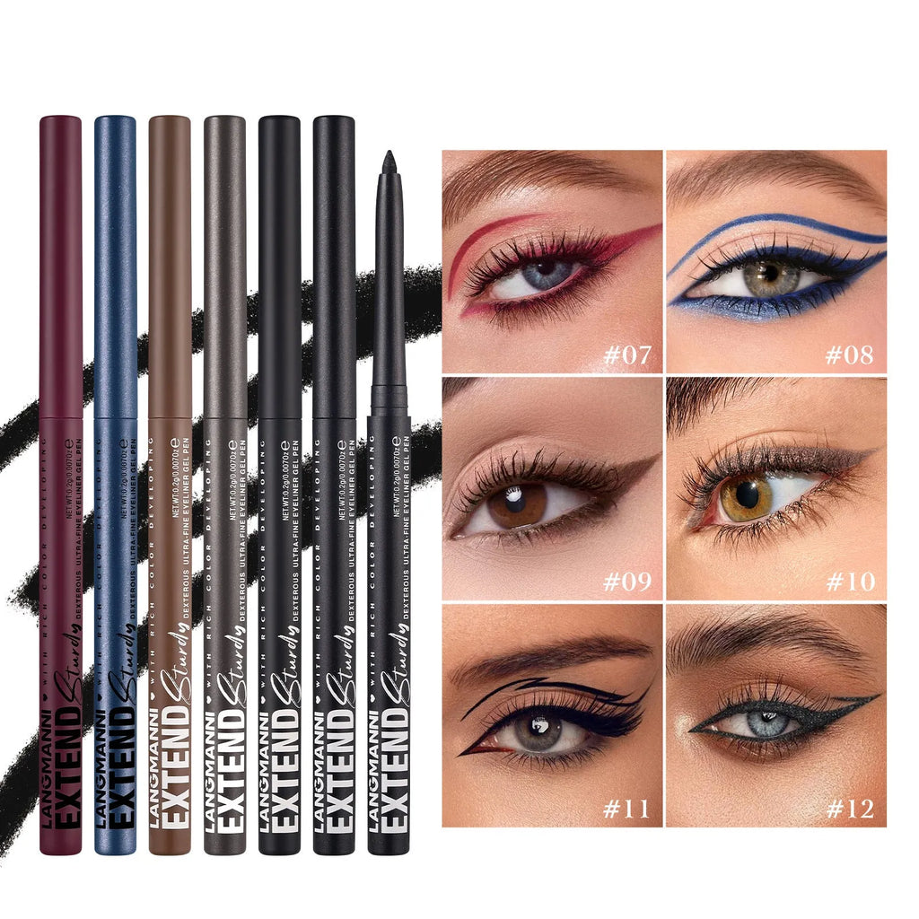 12 colourful gel glitter eyeliner pencils in vibrant shades arranged in a set