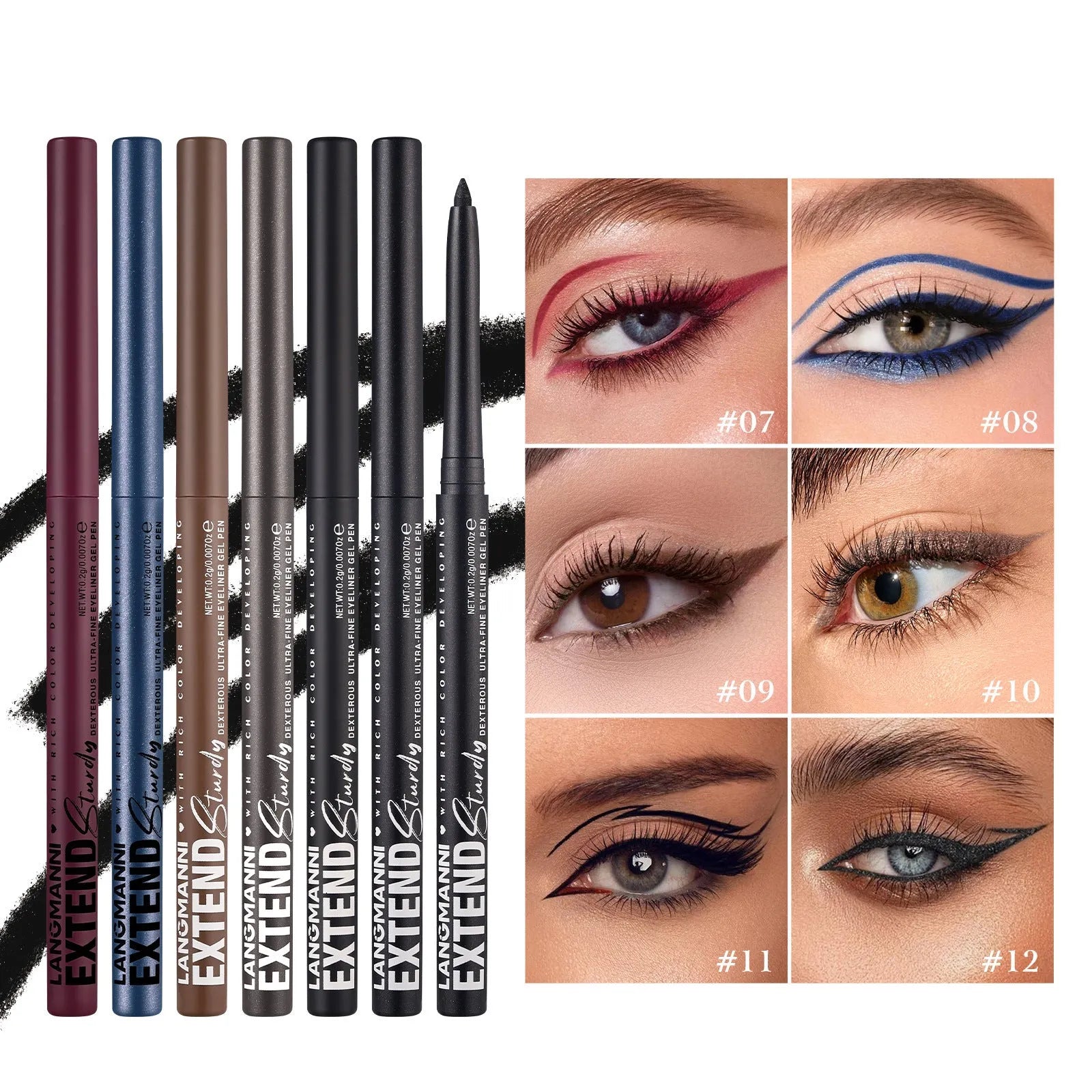 12 colourful gel glitter eyeliner pencils in vibrant shades arranged in a set