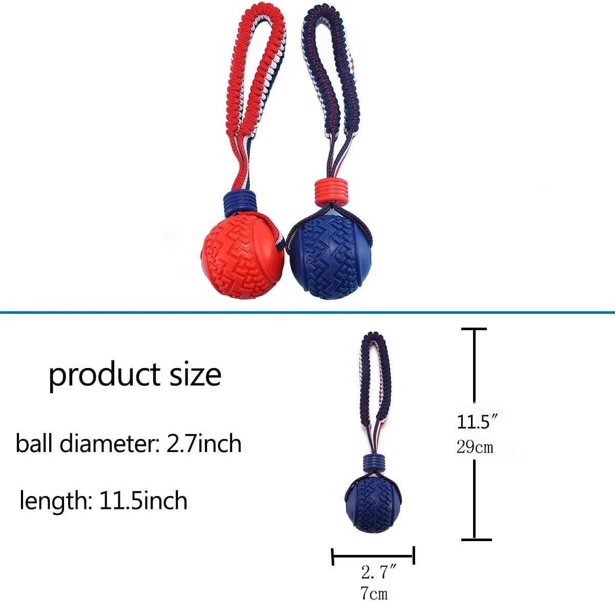 Blue and red dog toy with a rubber ball on a rope for tug-of-war and teeth cleaning.