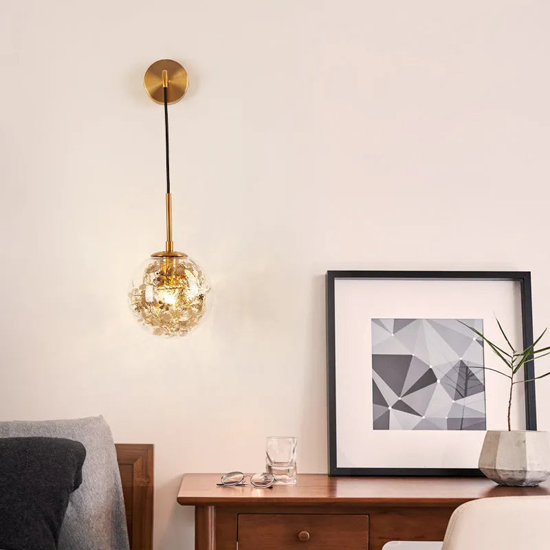 Modern glass bedside wall lamp in Golden Flower finish with LED lighting, 20cm size